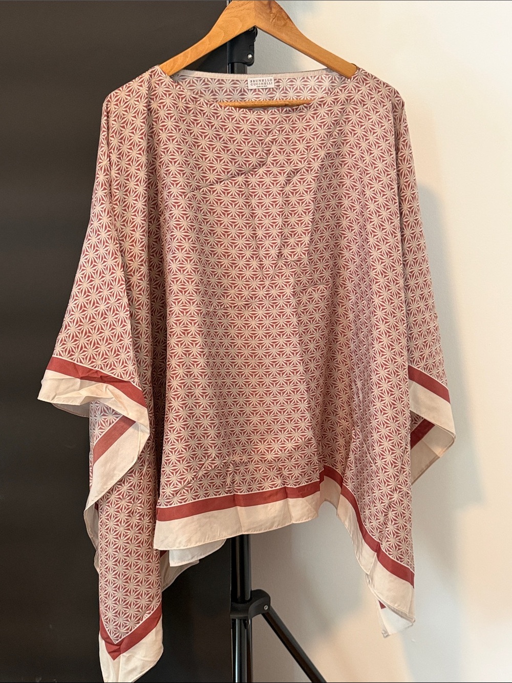 Brunello Cucinelli Pink Geometric Poncho Top with Cream Border